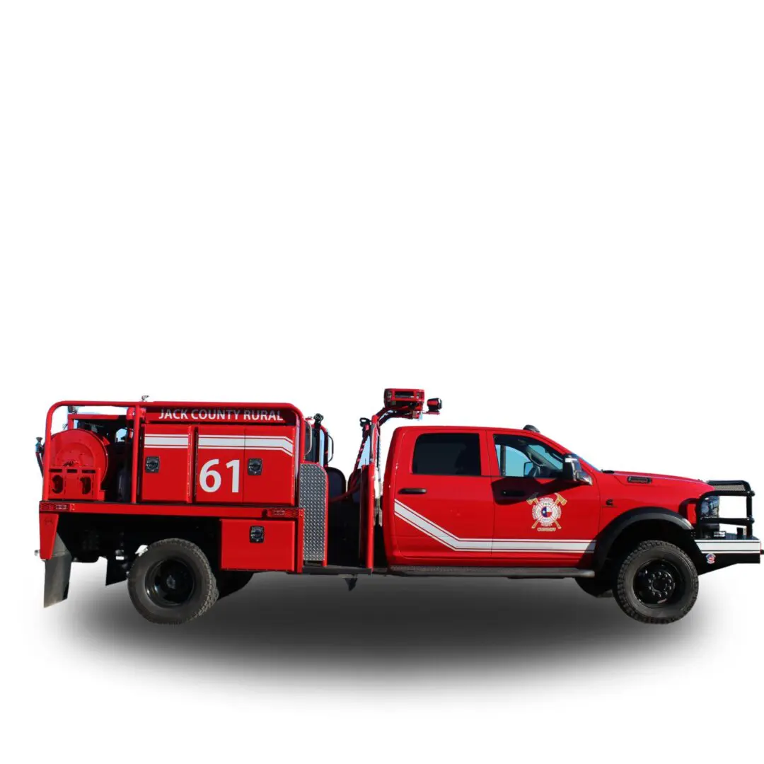 Red fire truck with Jack County Rural logo.