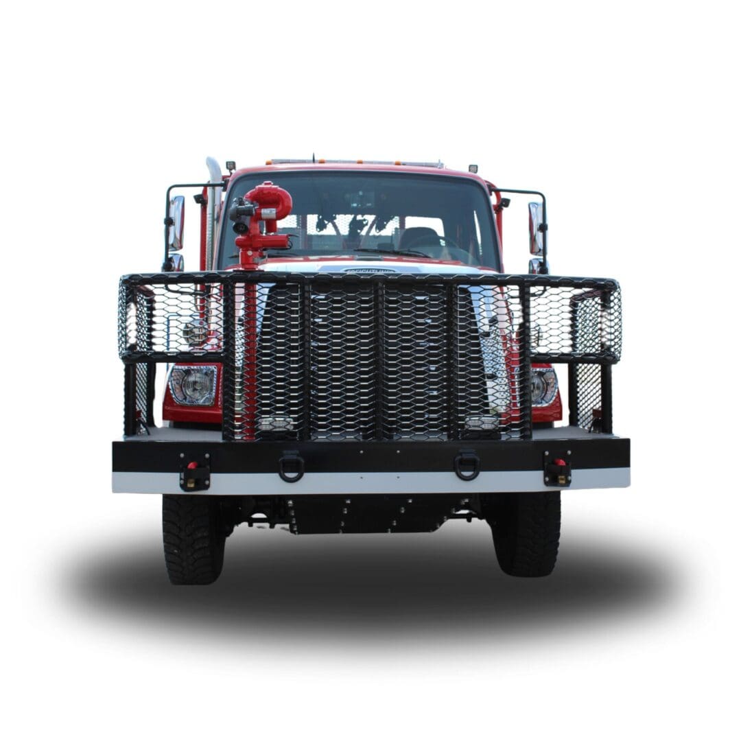 Red fire truck with front bumper guard.