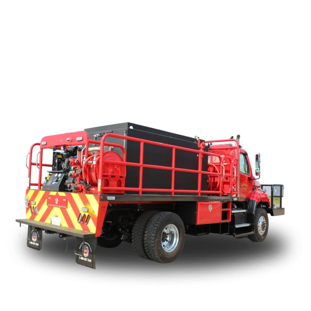 Red fire truck with hose reel.