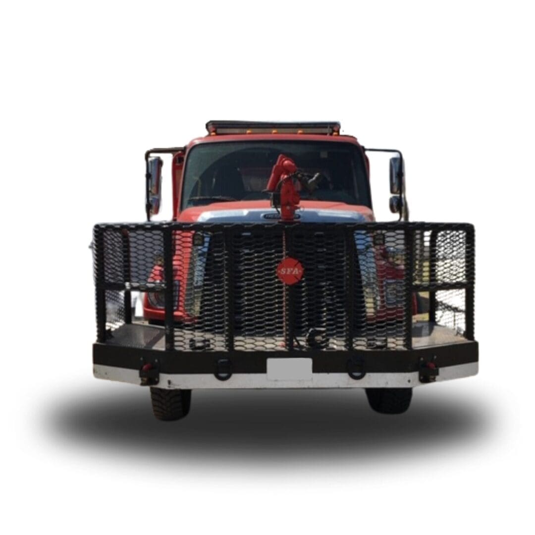 Red truck with black cage bumper