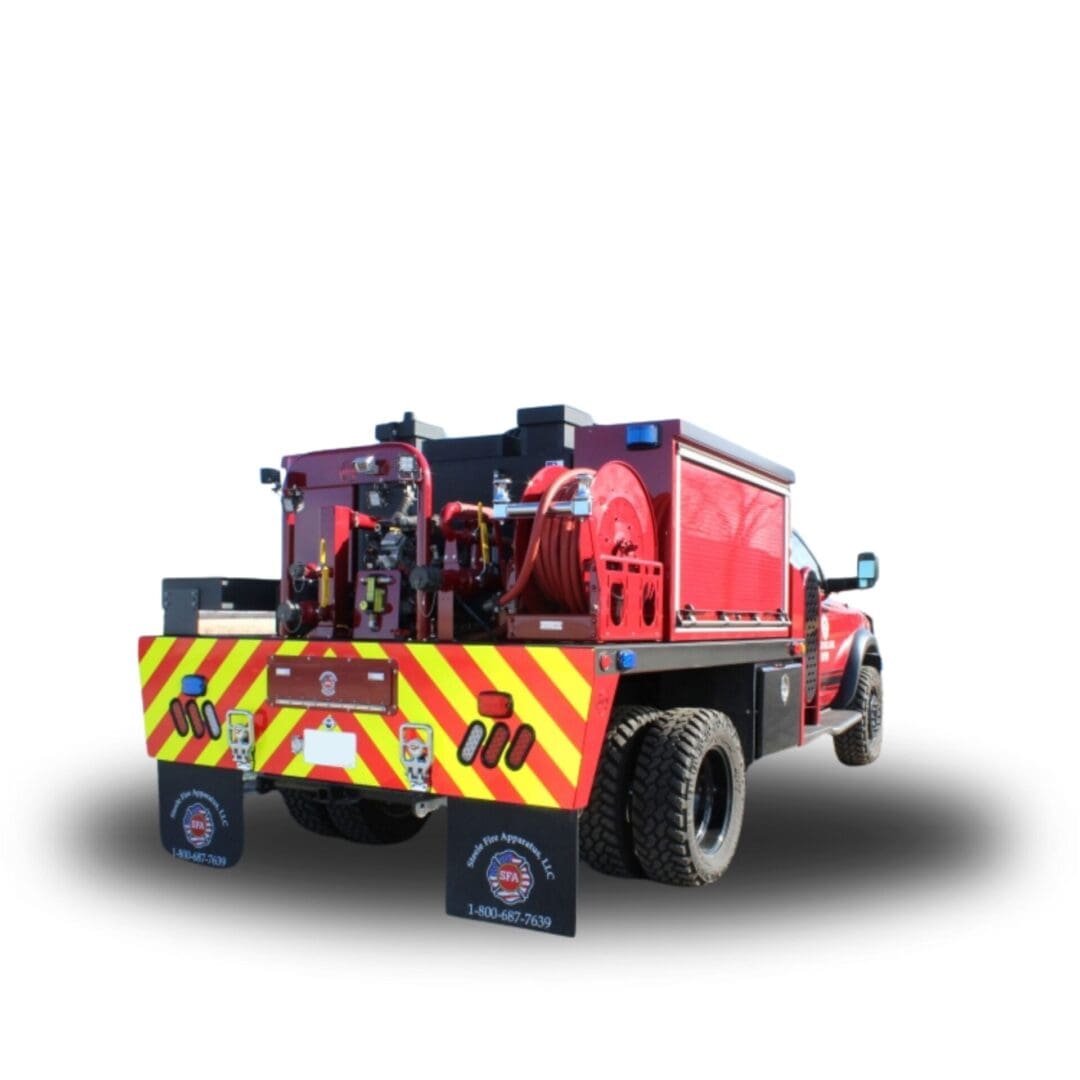 Red fire truck with hose reel and lights.