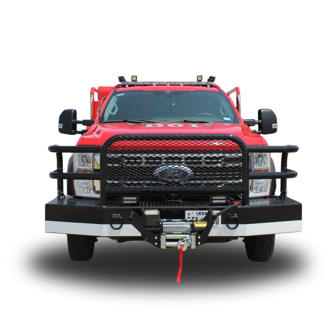 Red fire truck with bumper and winch.