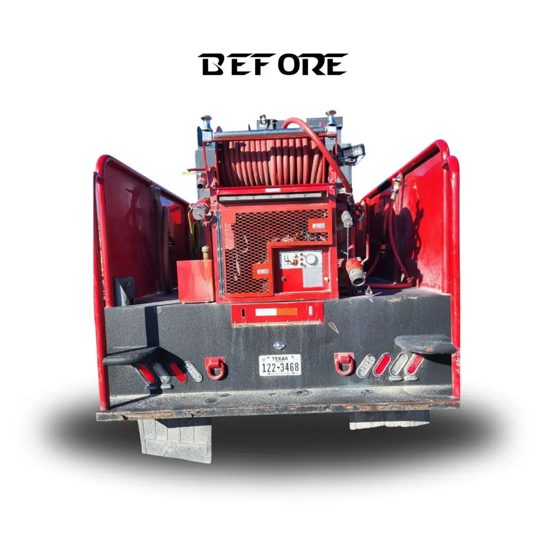 Rear view of a red utility truck.